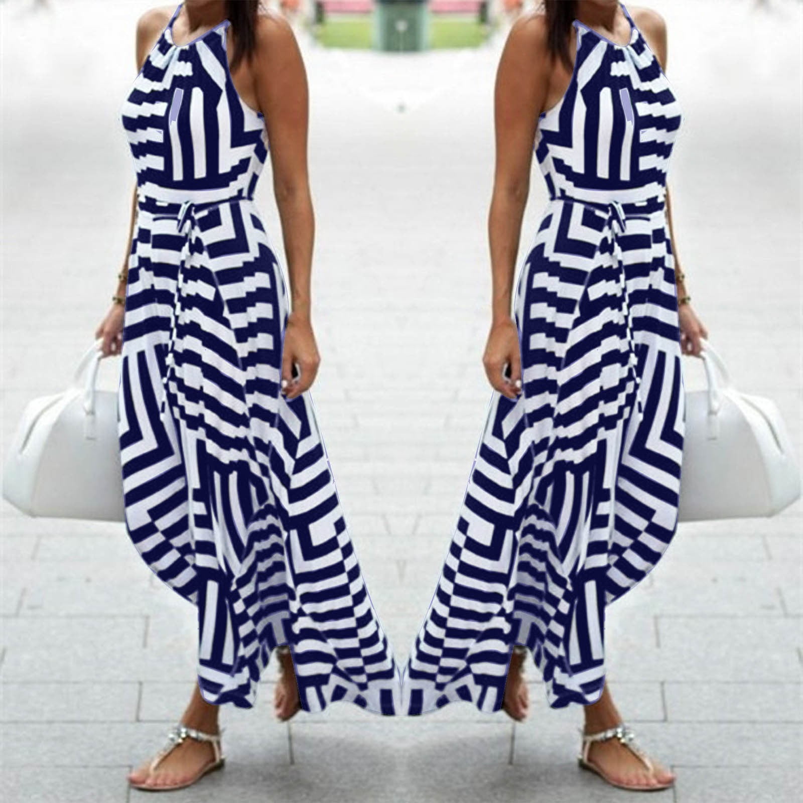 jsaierl Black and White Striped Halter Empire Waist Flowy Swing Casual  Beach Vacation Summer Prom Evening Long Maxi Dresses - Walmart.ca