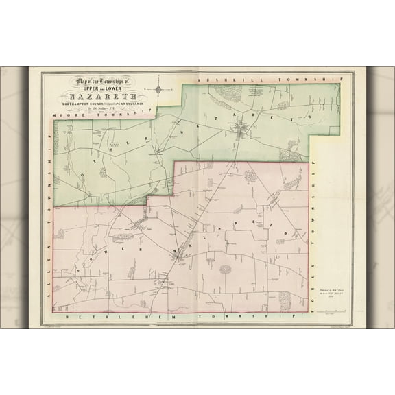 24"x36" Gallery Poster, Map of Upper Lower Nazareth, Pennsylvania 1850