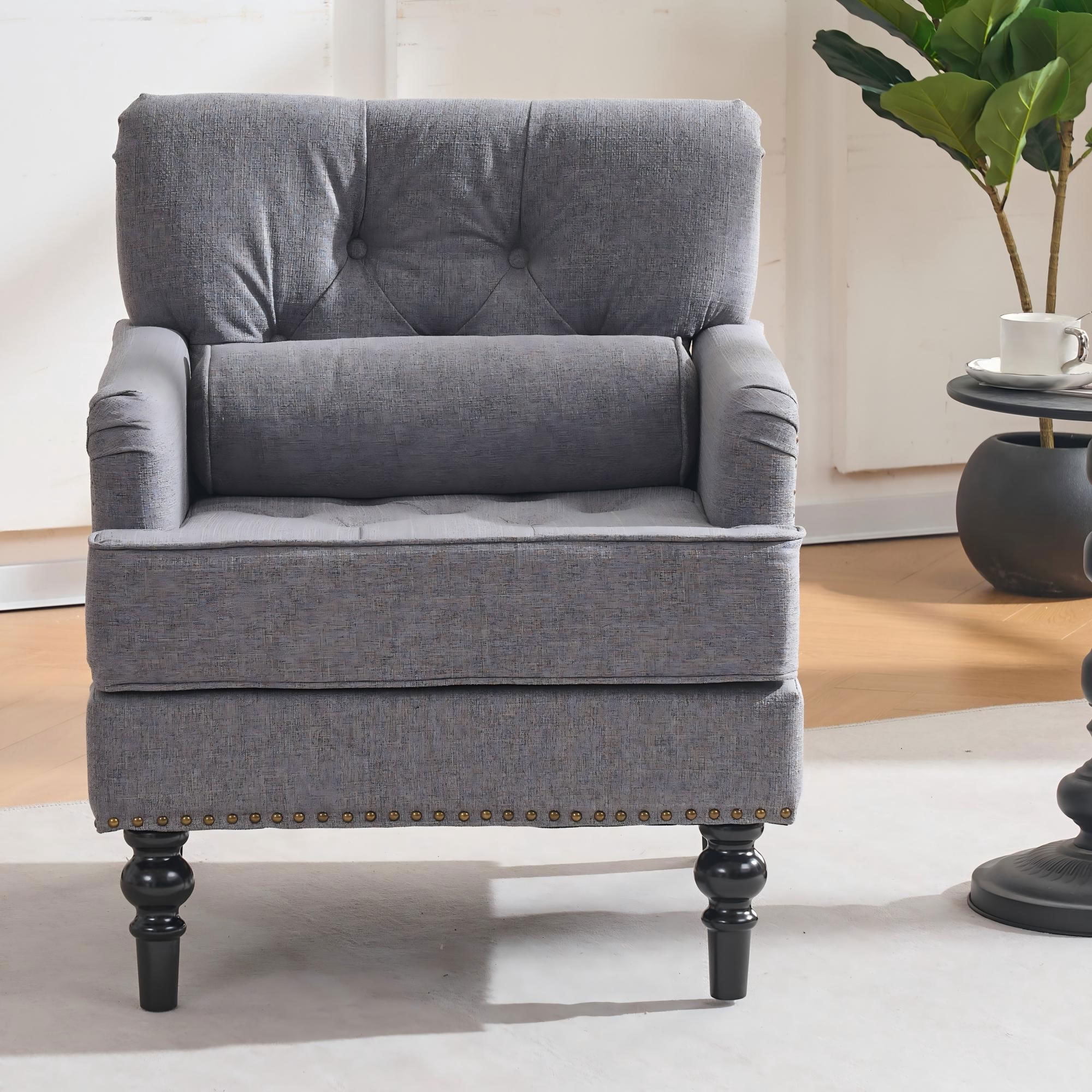 MAYEERTY Mid Century Tufted Accent Chair with Pillow, Upholstered Armchair with Rubber Wood Legs, for Living Room Bedroom