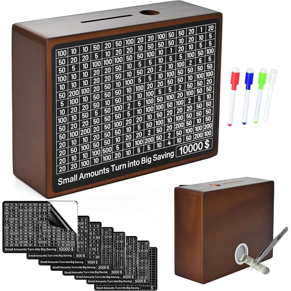 10000 Savings Challenge Box, Wooden Money Saving Piggy Bank for Adults Kids, Reusable, Targets 10k