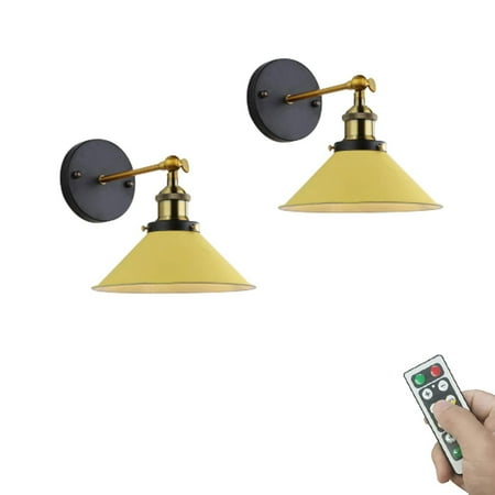 

FSLiving 2-Lights 100 Lumens Led Remote Control Battery Run Cordless Lamp Macaron Yellow Wall Sconce Light Fixture for Bedroom Bathroom Wall Decor- Easy Installation Dimmable Battery Not Included