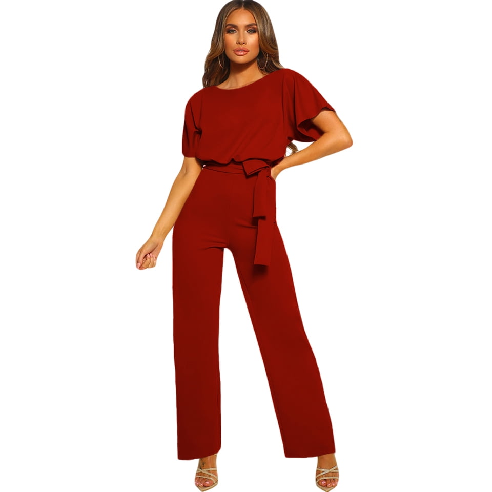 Women Apricot/Black/Red/Blue Oh So Glam Belted Wide Leg Jumpsuit