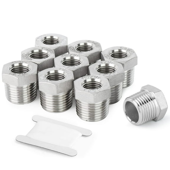 TAISHER 10PCS 304 Stainless Steel Reducer Hex Bushing, 1/2" NPT Male x 3/8" NPT Female, Reducing Pipe Adapter Fitting