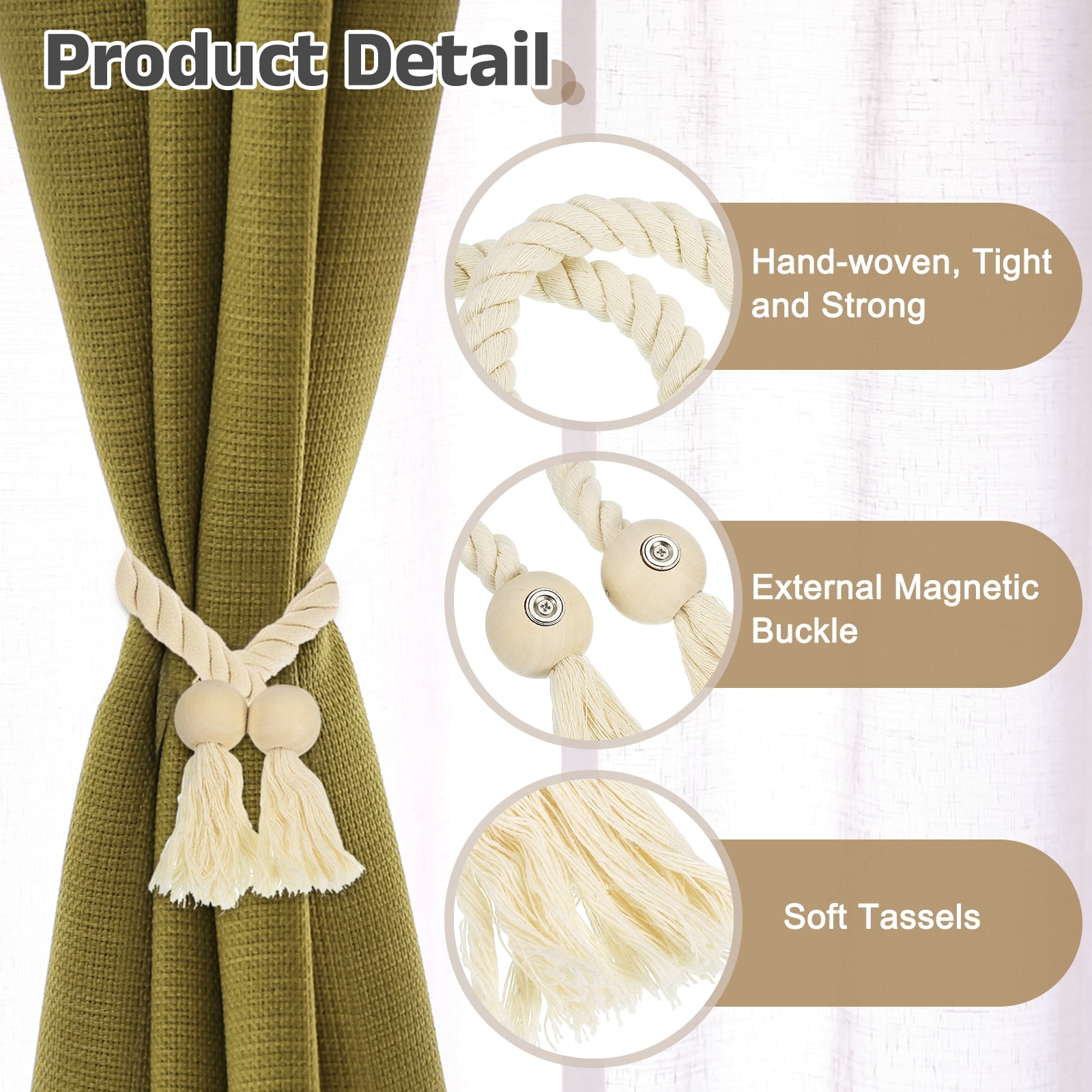 Unique Bargains Magnetic Curtain Tiebacks with Wooden Ball Hand-woven Holdbacks 6Pcs Beige