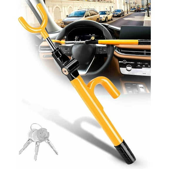 Yellow Steering Wheel Lock Anti Theft Device with Adjustable Car Wheel Lock, 2 Keys