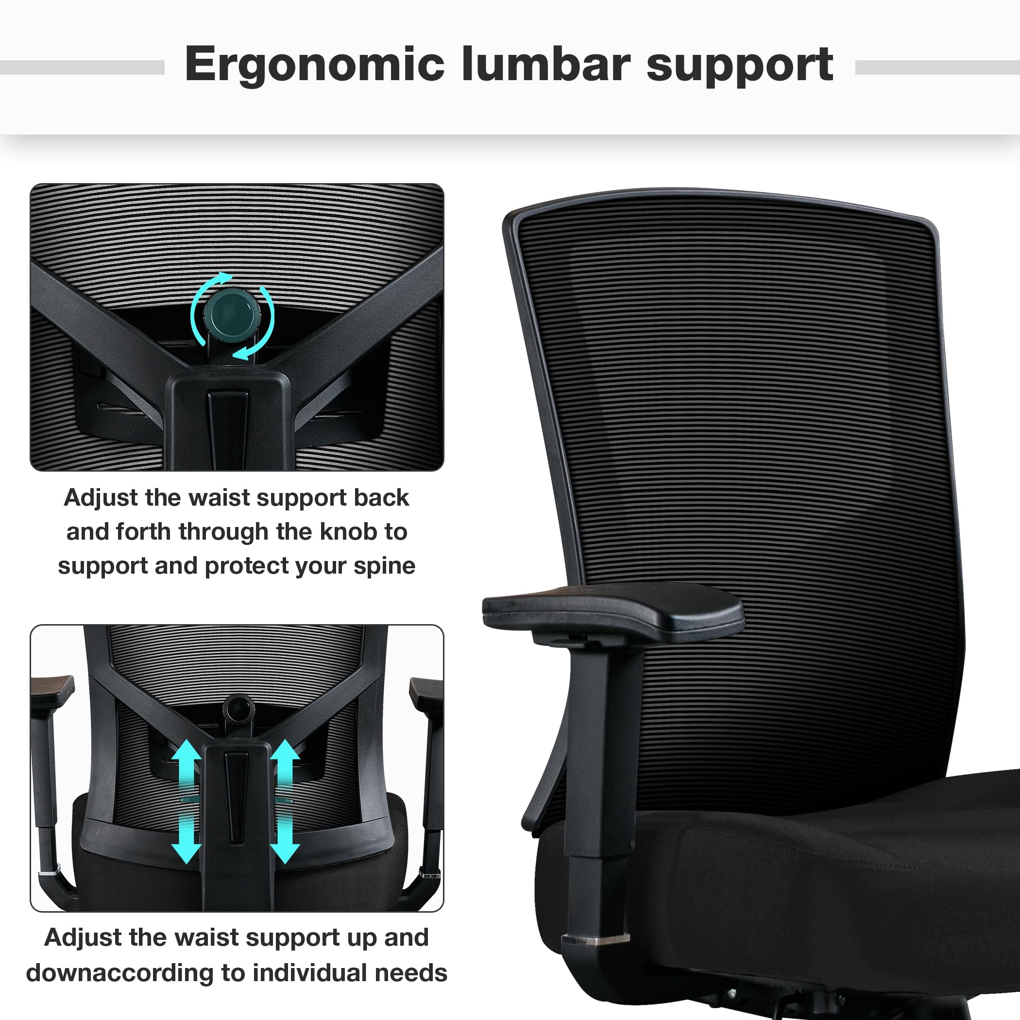 JONPONY Big and Tall Office Chair 500lbs, Ergonomic High Back Computer Desk Chair for with Adjustable Waist Support and Heavy Duty Metal Base Mesh Chair,Black