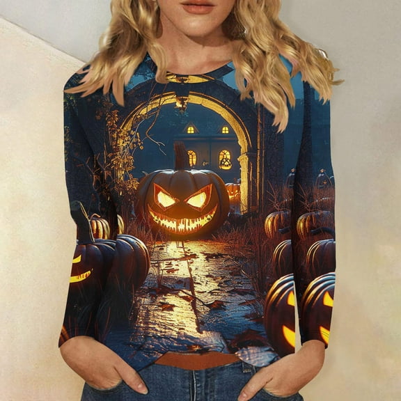 Jsaierl Halloween Shirts for Women Plus Size Pumpkin Ghost Print Tees Stretch Round Neck T-shirt Long Sleeve Tunic Blouse Tops Halloween Costumes