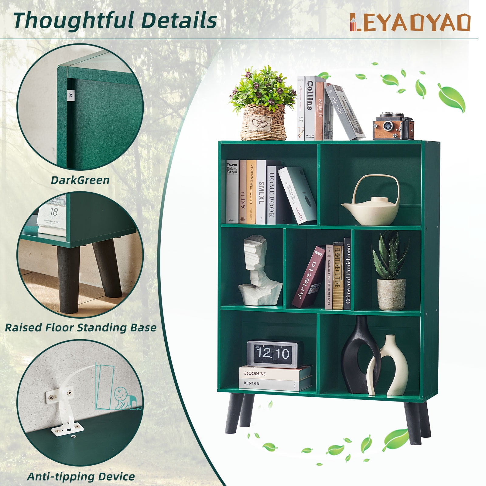 7-Cube 3-Tier Mid-Century Dark Green Bookcase with Legs, Retro Wood Storage Organizer, Freestanding Open Shelves for Bedroom, Living Room, Office