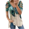 thumbnail image 2 of ICHUANYI Clearance Fashion Women Hollow Out Print V-Neck T-Shirt Short Sleeve Casual Blouse(Green, XL) ICHUANYI WER2023081502480, 2 of 5