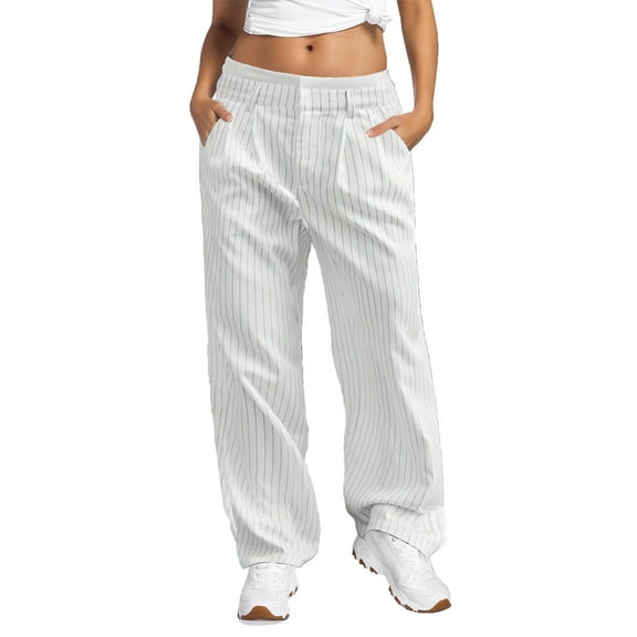 Telankuip Oversized Wide Leg Dress Suit Pants for Women 2025 Fashion Elastic High Waist Striped Print Casual Work Pants Comfort Loose Fit Straight Trousers with Pockets White XL
