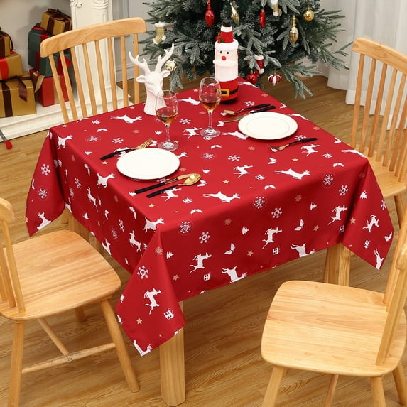 Christmas Table Cloth, Square Xmas Snowflake Deer Print Spillproof Waterproof Tablecloth