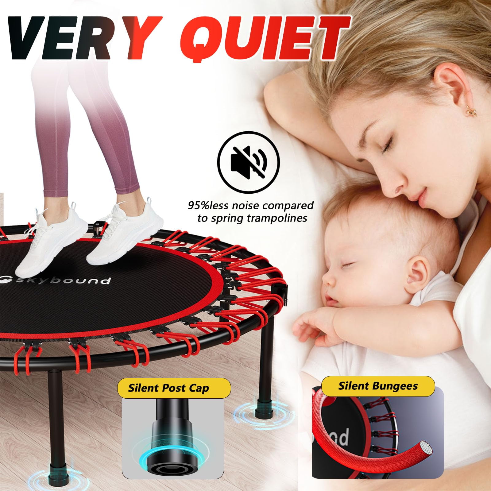 SkyBound Foldable Mini Trampoline Fitness Rebounder Quiet Bungees U-Shape Adjustable Foam Handle
