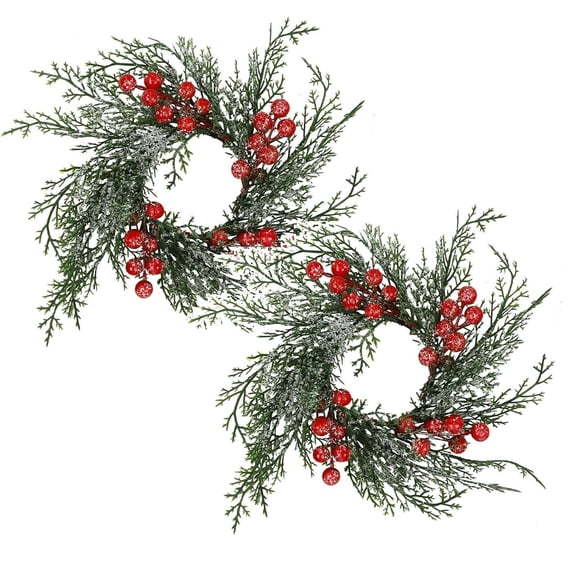 2Pack Christmas Candle Rings Wreath Candle Rings With Red Berry Snowy Garland Candle Ring Holder For Christmas Decorations Table Centerpiece Wreath Home Decor