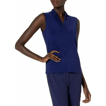 Anne Klein Womens Blouse Navy Sleeveless V-Neck Jersey Blue XS