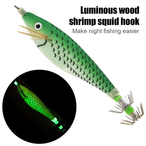 Cebo de camarón de madera luminosa de 8 cm con señuelos de pesca con anzuelo de calamar (verde)
