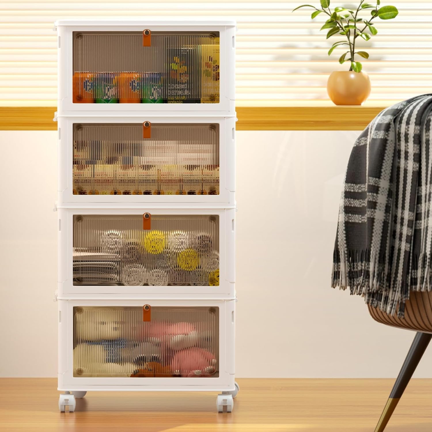OKENTEN Rolling Wheeled Plastic Storage Bins with Lid, 4-Tier Stackable Folding Storage Containers, 92 Qt Capacity