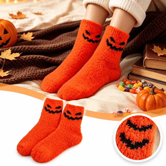 FLORNIX Fuzzy Halloween Crew Socks for Adults, Novelty Spooky Style