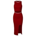 thumbnail image 4 of Sngxgn Women's Summer Bodycon Casual Midi Sleeveless Hollow Out Knit Side Slit Striped Long Tank Dress(Red,L), 4 of 5