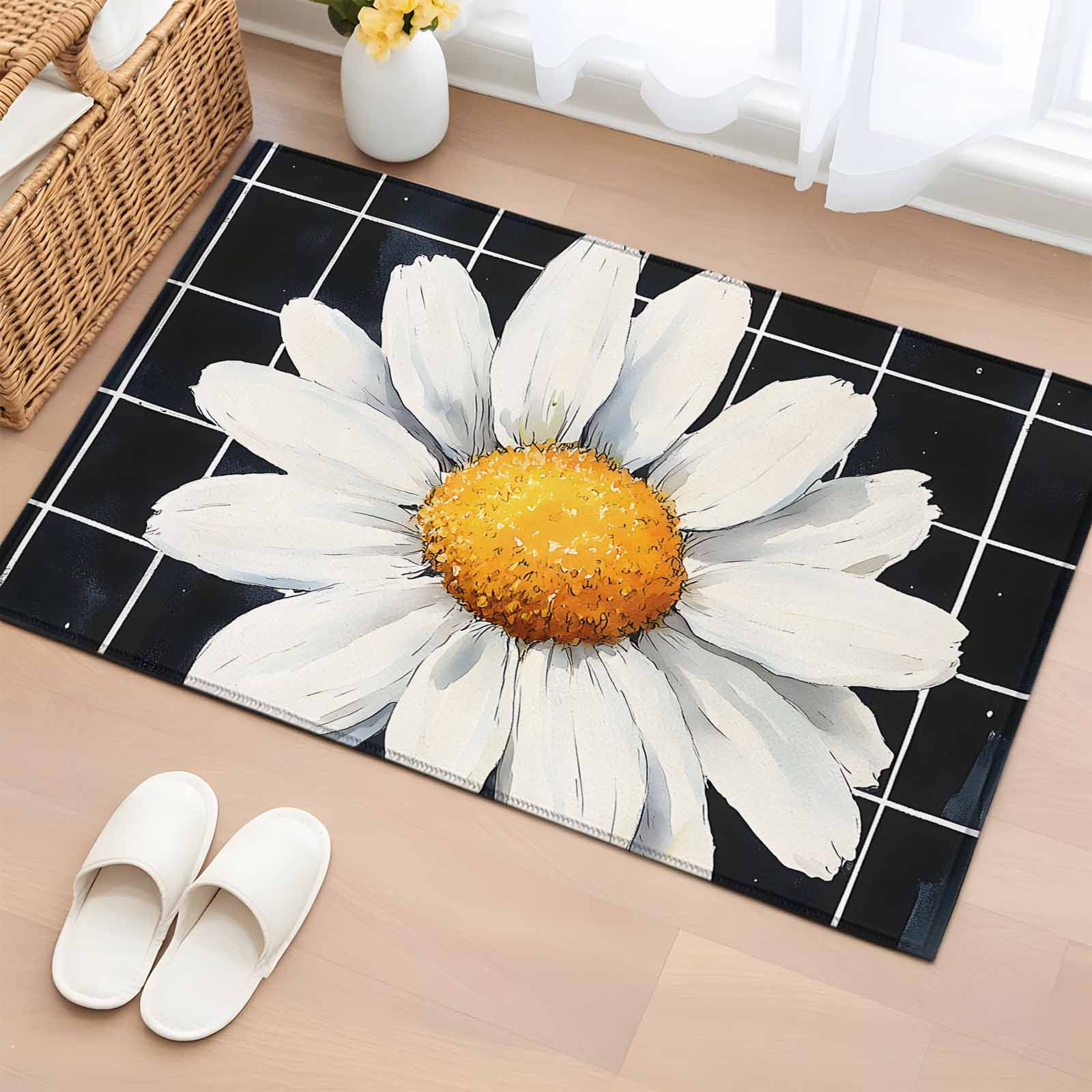 Rectangle Area Rug 2x3ft Watercolor White Daisy Flower Non-Shedding Washable Area Rug Black Checkered Plaid Non Slip Low-Profile Rugs for Living Room Bedroom Dining Room