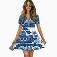 thumbnail image 2 of Blue Willow Chinoiserie Blue And White Porcelain Inspiration Women Dress V-Neck Short Sleeve Flowy Swing Party Midi Dress, 2 of 4