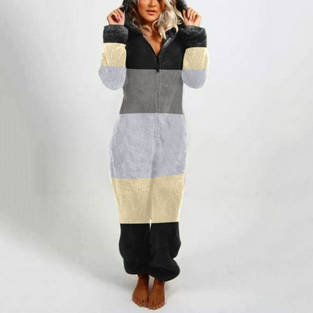 

WANYNG pajamas for women Artificial Wool Long Sleeve Pajamas Casual Solid Color Zipper Loose Hooded Jumpsuit Pajamas Casual Winter Warm Rompe Cute Ears Sleepwear womens fall fashion 2022 Black L