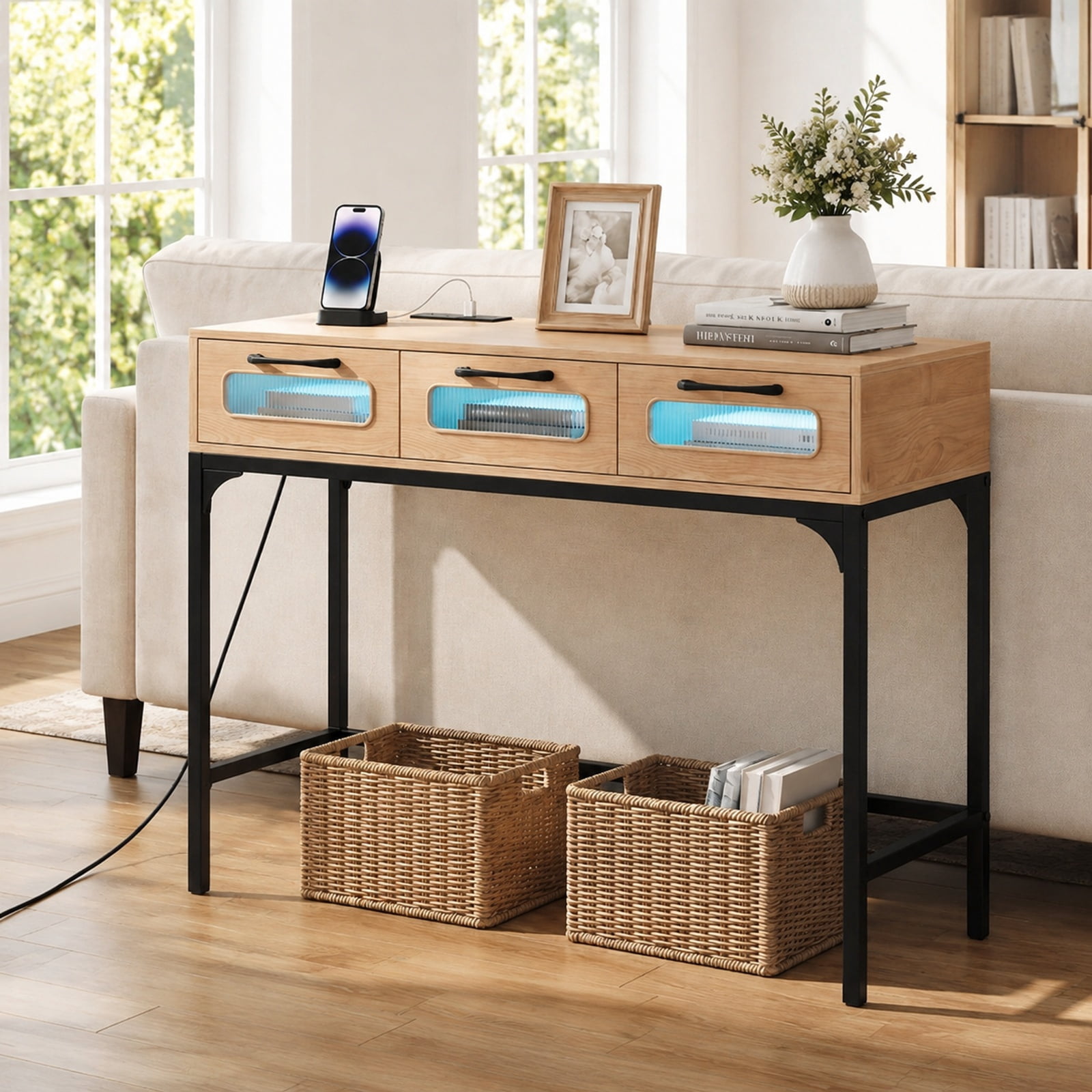Furnibear Console Table with LED Lighting and Charging Station Entryway Table with Drawers for Living Room Hallway Sofa, Natural