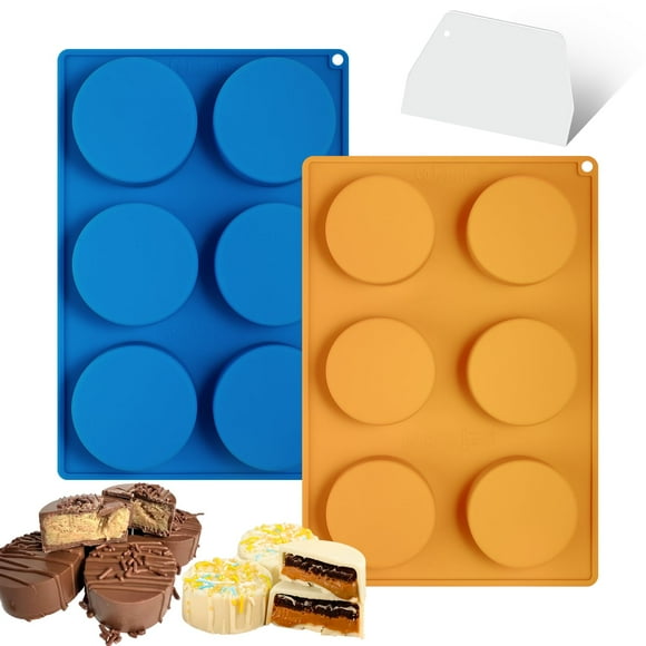 Webake Cake Puck Mold Set 2 Different Sizes, Silicone Flat Cake Pop Molds for Chocolate Covered Desserts, BPA Free - 2 Molds & 1 Scraper