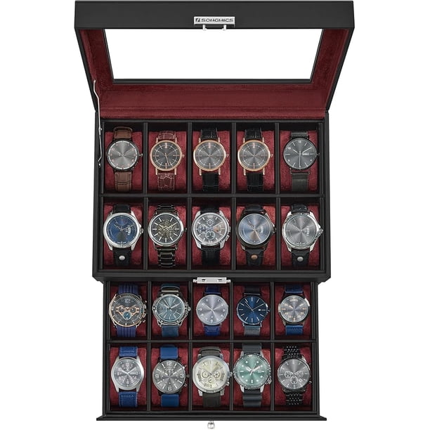 SONGMICS Caja de Relojes de 20 Ranuras, Estuche de Relojes con Tapa de Vidrio, 2 Niveles, Cerradura, Cuero Sintético Negro y Forro Rojo Vino