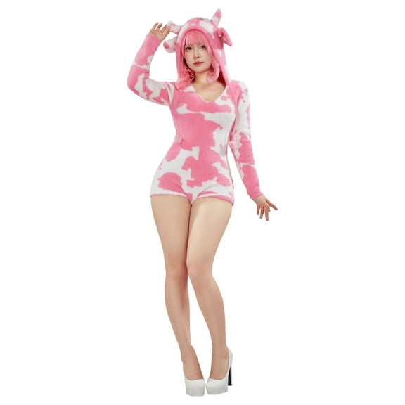 MOBBUNNY Women's Pink Milk Cow Pattern Fluffy Jumpsuit Cute Hooded Bodysuit for Homewear