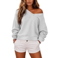 thumbnail image 2 of Staron Women's Off Shoulder Long Sleeve Casual Sweater Double V Neck Cropped Hoodie Pullover Trendy Fall Winter Cozy Top Gray XXL, 2 of 7