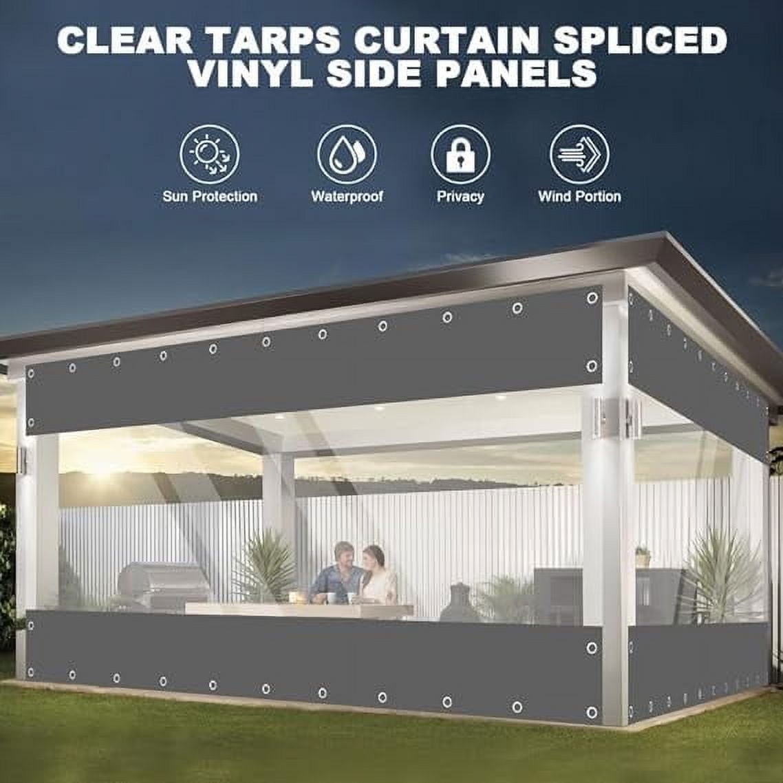 TOPCHANCES Outdoor Clear Vinyl Curtains with Grommets and Rope, Waterproof Cold Resistant Vinyl Patio Enclosure, PVC Heavy Duty Clear Tarps for Patio, Pergola, Porch,Gazebos,Balcony, 8'Hx8'W