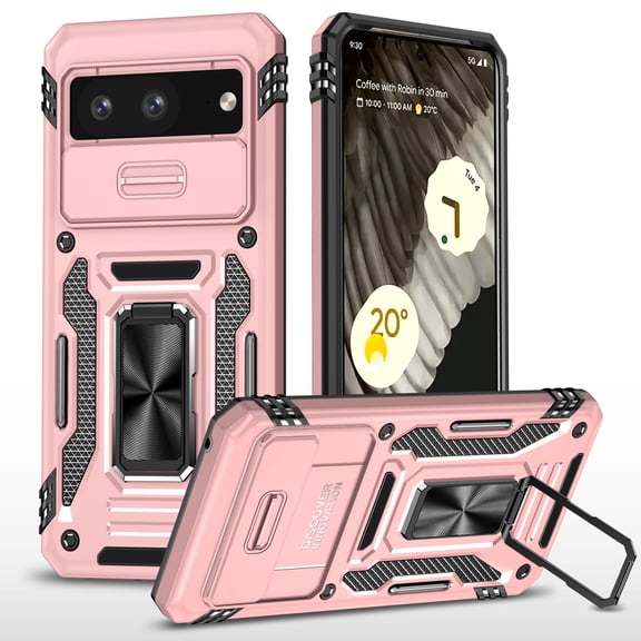 For Google Pixel 8A Case with Hinge Protection and 360°Rotate Ring Magnetic Kickstand, [Military Grade anti-Drop],Hard Back & Soft Edge Slim Protective Case for Google Pixel 8A,Rosegold