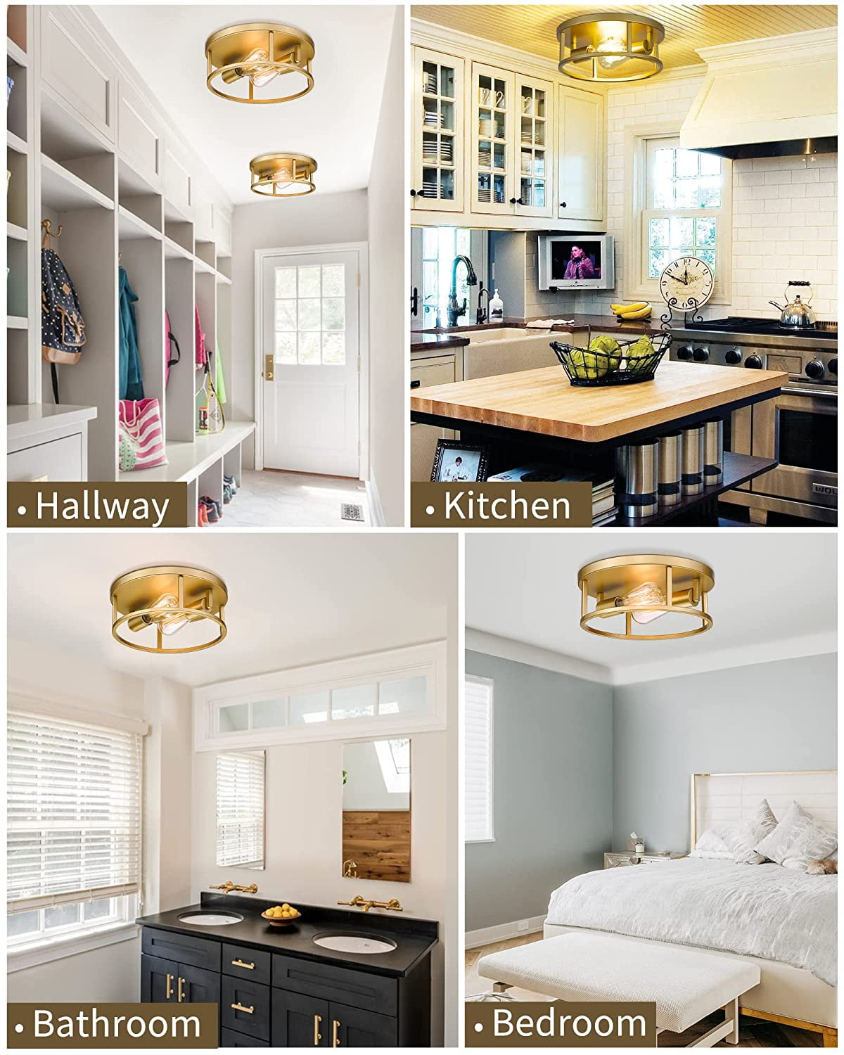 HANASS Gold Flush Mount Light Fixture, 12 inch Modern Ceiling Light in  Metal Gold Finish, 2-Light Flush Mount Ceiling Light for Living Room  Kitchen