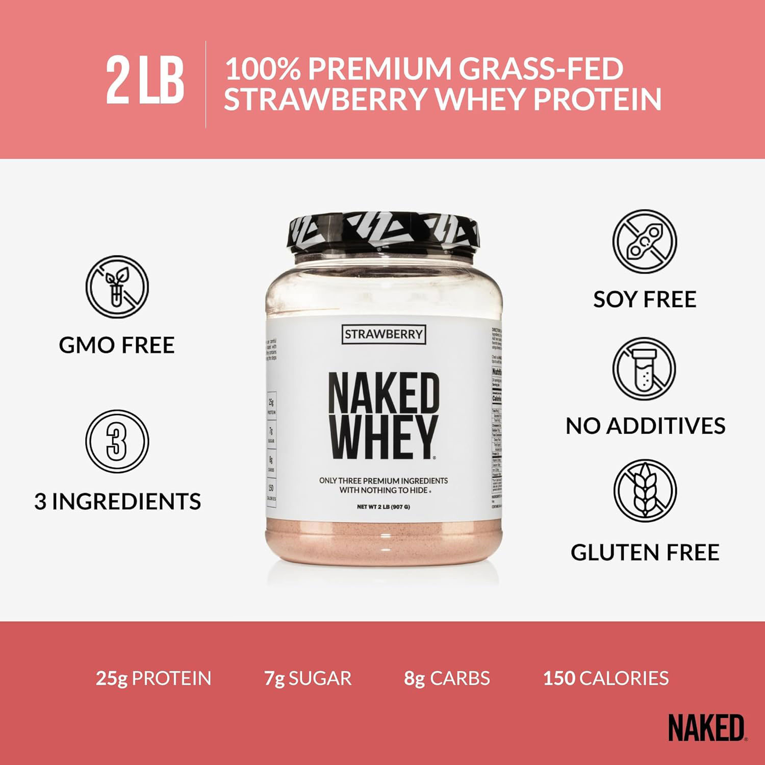NAKED Strawberry Whey Protein Powder, Only 3 Ingredients, 25g Grass Fed Whey Protein Powder, Aid Muscle Growth & Recovery - 24 Servings