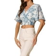 thumbnail image 5 of INSPIRE CHIC Women's Floral Flare Short Sleeve V Neck Summer Smocked Crop Tops L White Blue, 5 of 7