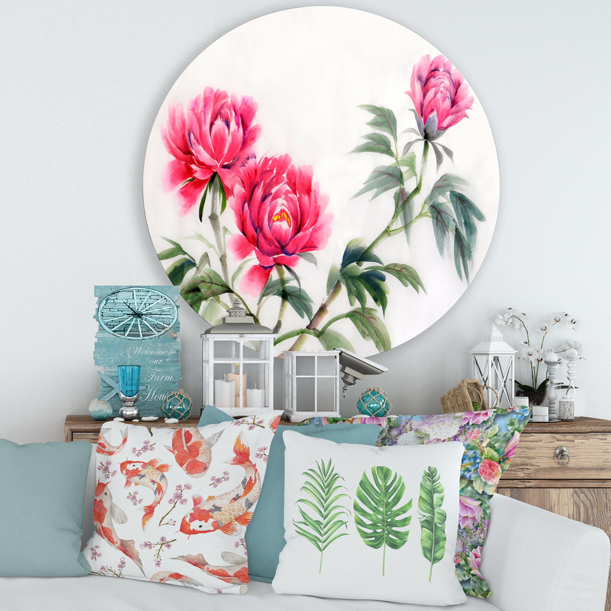 Designart 'Three Vintage Red Peonies Flowers' Traditional Circle Metal Wall Art 36x36 - Disc of 36