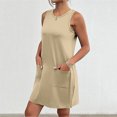 thumbnail image 3 of WIZUTIZ Womens Dresses Casual Loose Casual High Rise Mini Dress Solid Sun Dress Crew Neck Sleeveless Pleated Dress for Women's Cotton Pockets Super Soft Shopping Dress Khaki S, 3 of 6