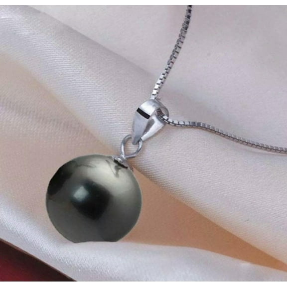 K-KED 14mm Round Black South Sea Shell Pearl 925 Silver Pendant Necklace 17'' AAA