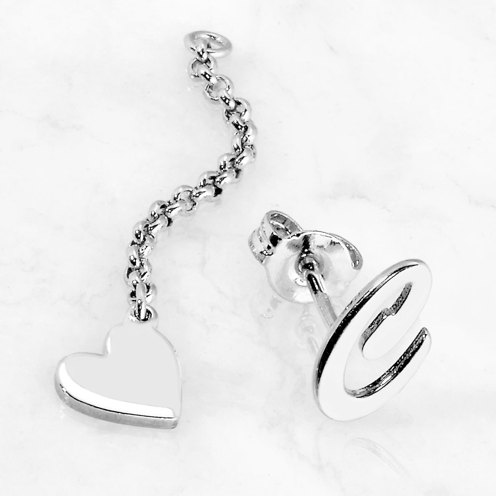 Personalized Planet Women's Script Initial Earring with Heart Dangle Button Drop Earrings