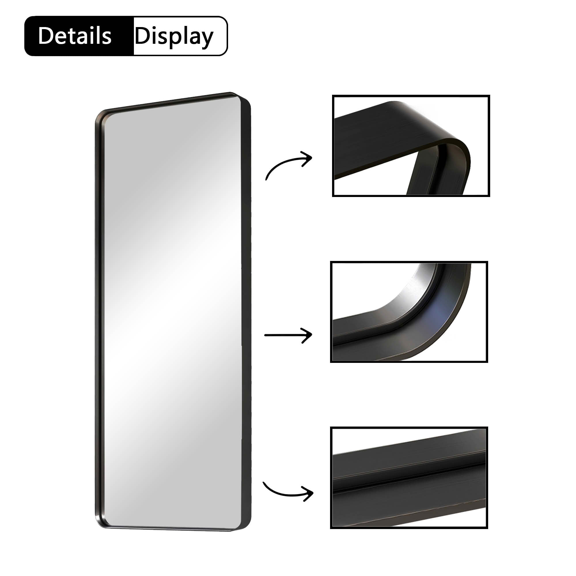 MAYEERTY 64x21x2 Inch Black Painted Aluminum Round Corner Rectangular Full Length Mirror, Deep, No Stand for Bedroom