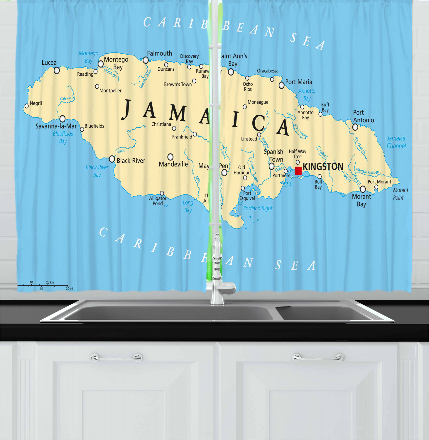 Jamaican Curtains 2 Panels Set, Map of Jamaica Kingston Caribbean Sea