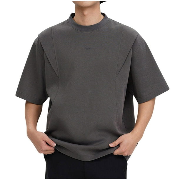 Blusas y camisas de manga corta y cuello redondo para hombre, blusas casuales de color liso con cuello redondo y mangas cortas para hombre.
