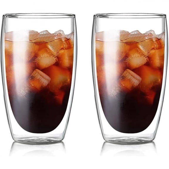 Glass Coffee Mugs Set of 2, Double Walled Clear Coffee Cups 12oz, Clear Latte Espresso Mugs for Milk Juice, Clear Glass Cappuccino Cup Glassware Gift for Christmas Birthday