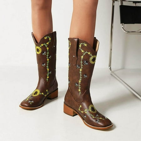 

Cyber Monday Clearance Juebong Large Size Women s Shoes Retro Embroidery Boots Embroidered Square Toe High Boots