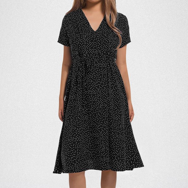 WILLBEST Vestidos para Mujer Verano Vestido Informal de Verano para Mujer Vestido de Cuello En V Vestido de Lunares de Color Liso Vestido de Manga Corta con Cordones y Lazo Chica