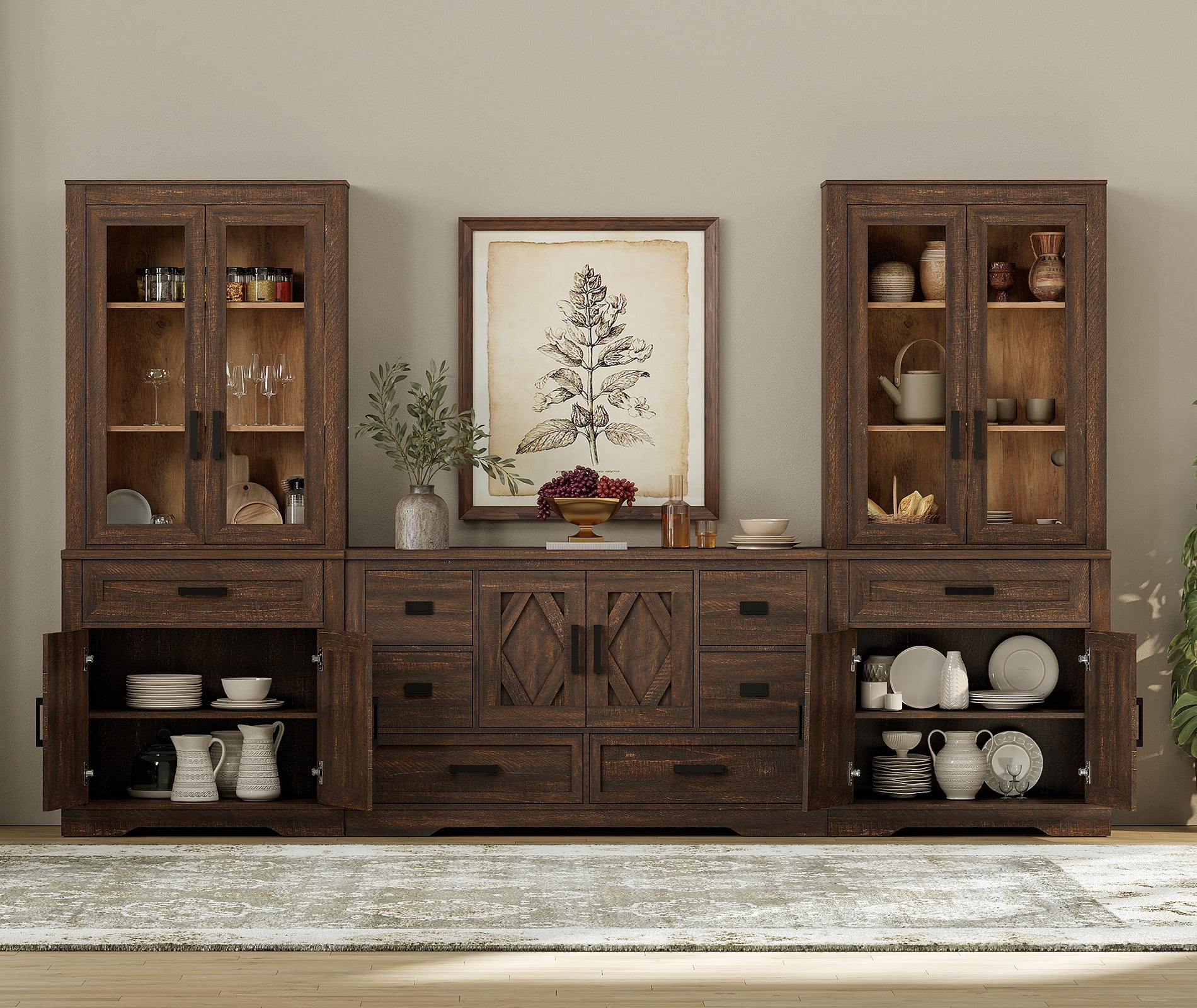 WAMPAT Farmhouse Entertainment Center with Bookshelf for TVs up to 60",Mid Century Modern TV Stand with 73"H Tall 5-Tier Bookcase with Open Storage and Barn Doors for Living Room,Bedroom,Espresso