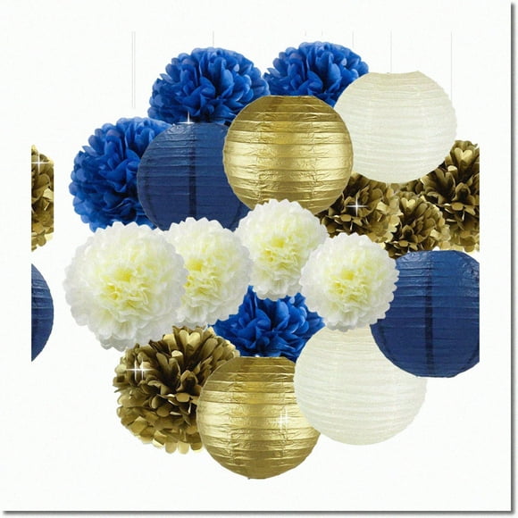 Navy Gold Bloom Party Pack - 8 & 10 inch Tissue Pom Poms, Flowers, Honeycombs & Lanterns for Bridal & Baby Showers, Navy Blue Themed Decor!