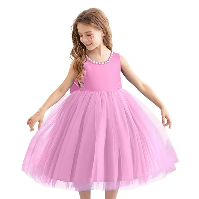 Wdgfv Robe de Demoiselle d'Honneur Enfant Satin Tulle Invitée de Mariage Fête Anniversaire Demoiselle d'Honneur Communion Concours Bal Robe Maxi Rose Pâle 3-4 Ans