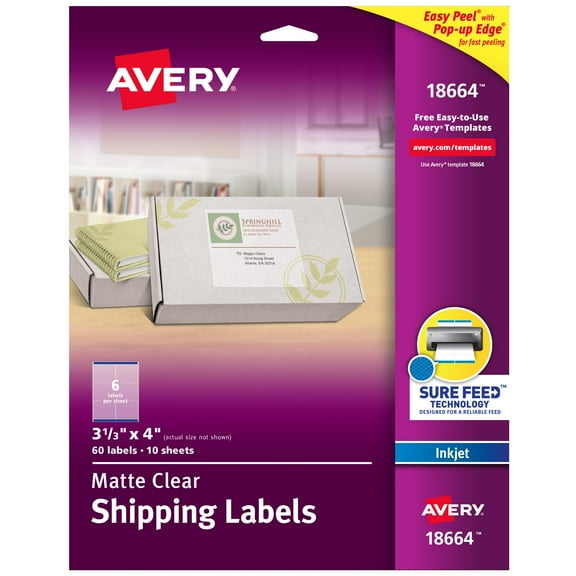 Avery Clear Shipping Labels, Sure Feed, 3-1/3" x 4", 60 Labels (18664)