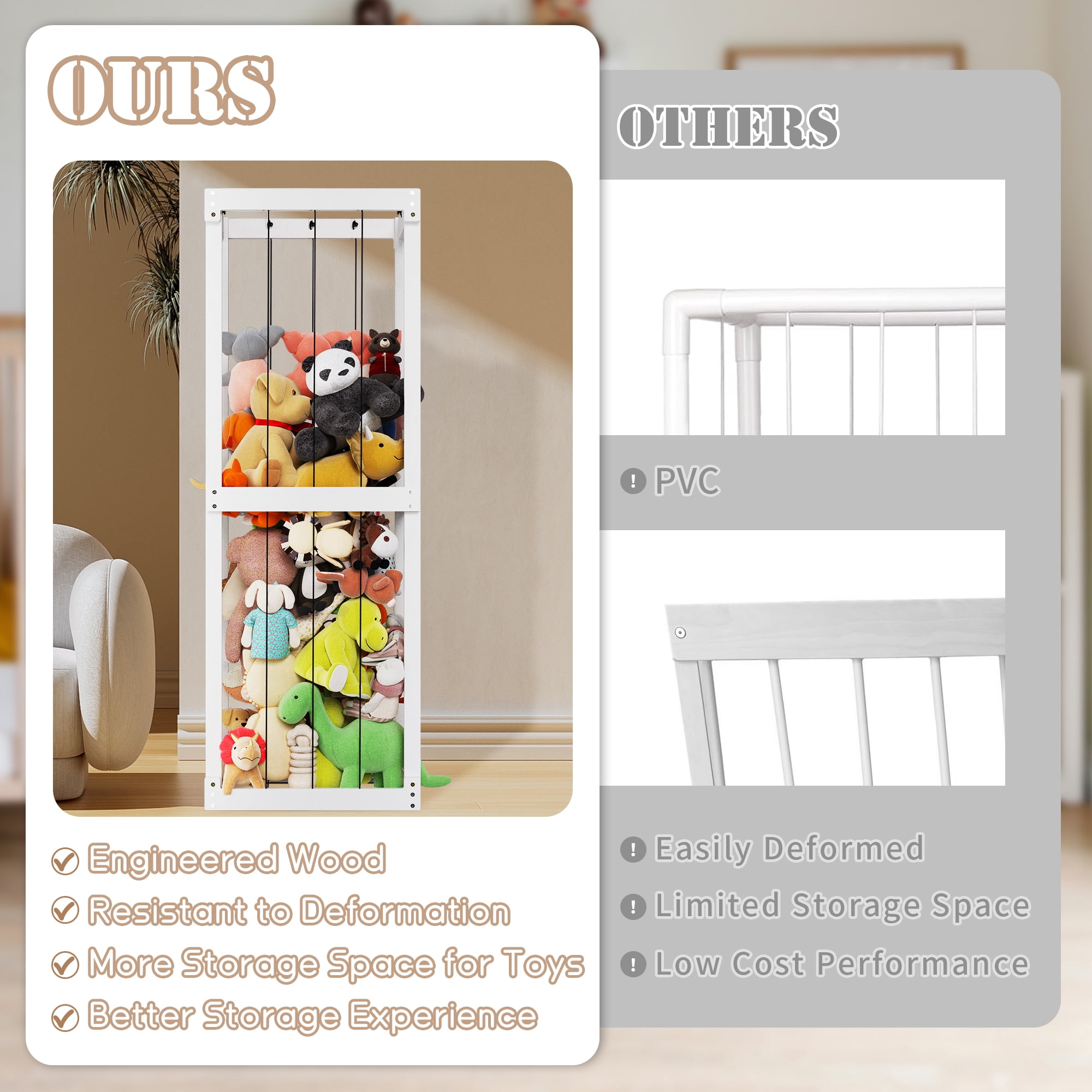 Peekabu Extra Large Stuffed Toy Storage, Stuffed Animal Holder Wooden Plush Storage, Organizer Shelf with Elastic Band for Birthday Gift for Toddler & Kid, Bedroom Decor Corner